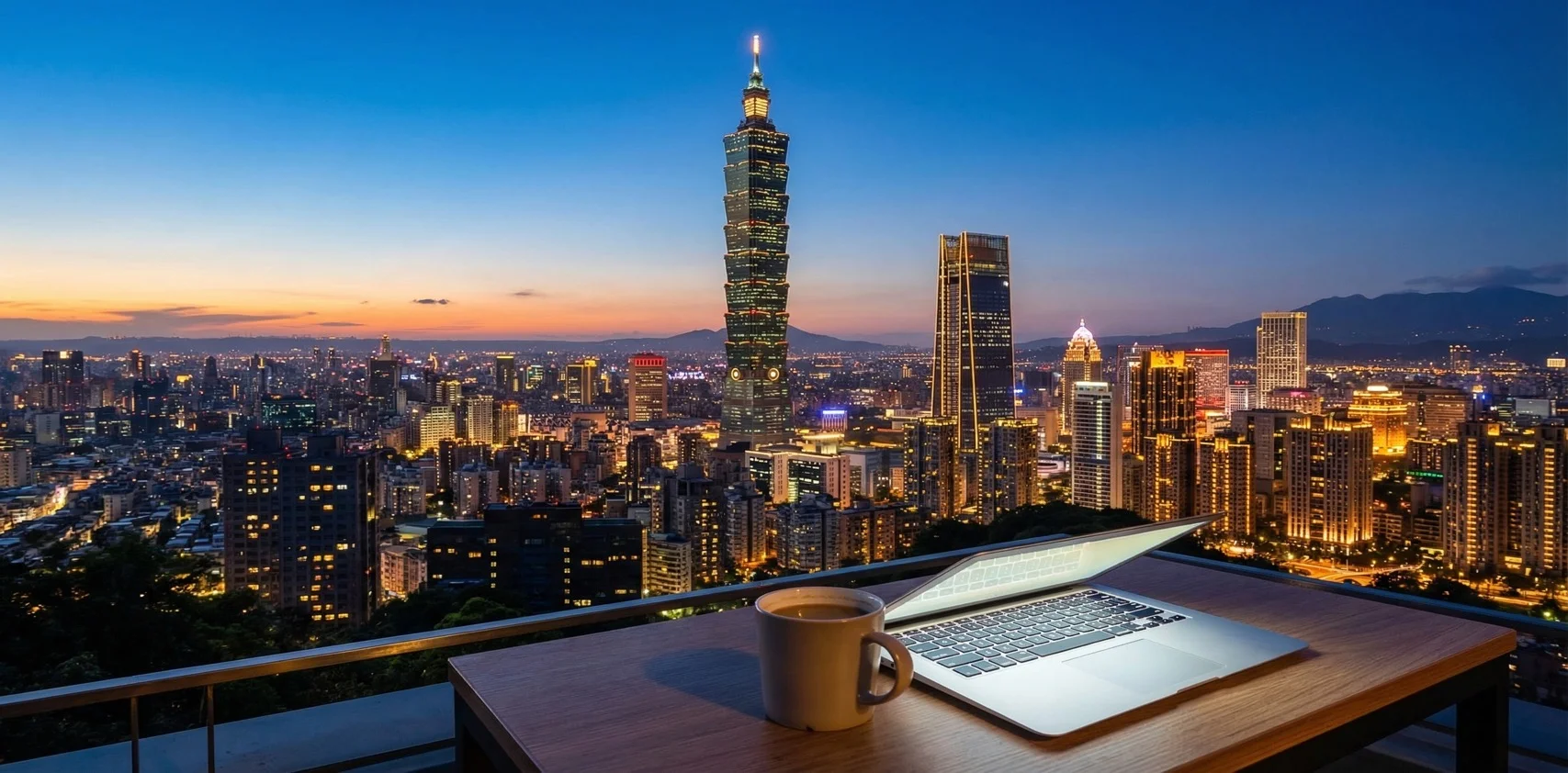 台灣台北城市天際線與數位遊牧工作場景