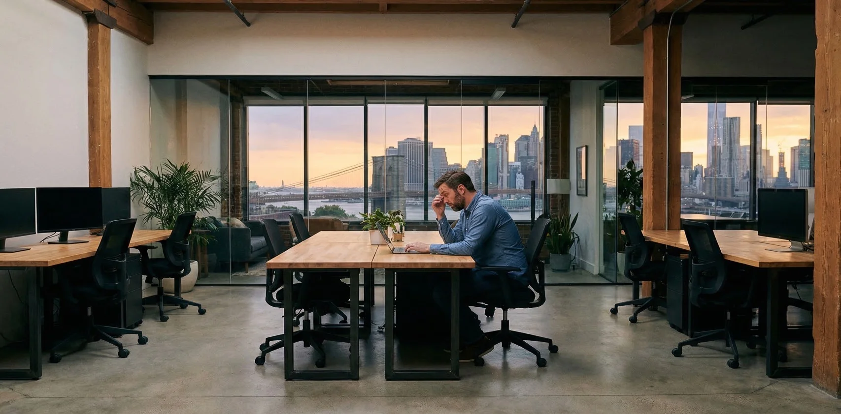 A remote worker sitting alone at a laptop in a modern coworking space, looking contemplatively at a screen showing layoff news headlines, with city skyline visible through floor-to-ceiling windows