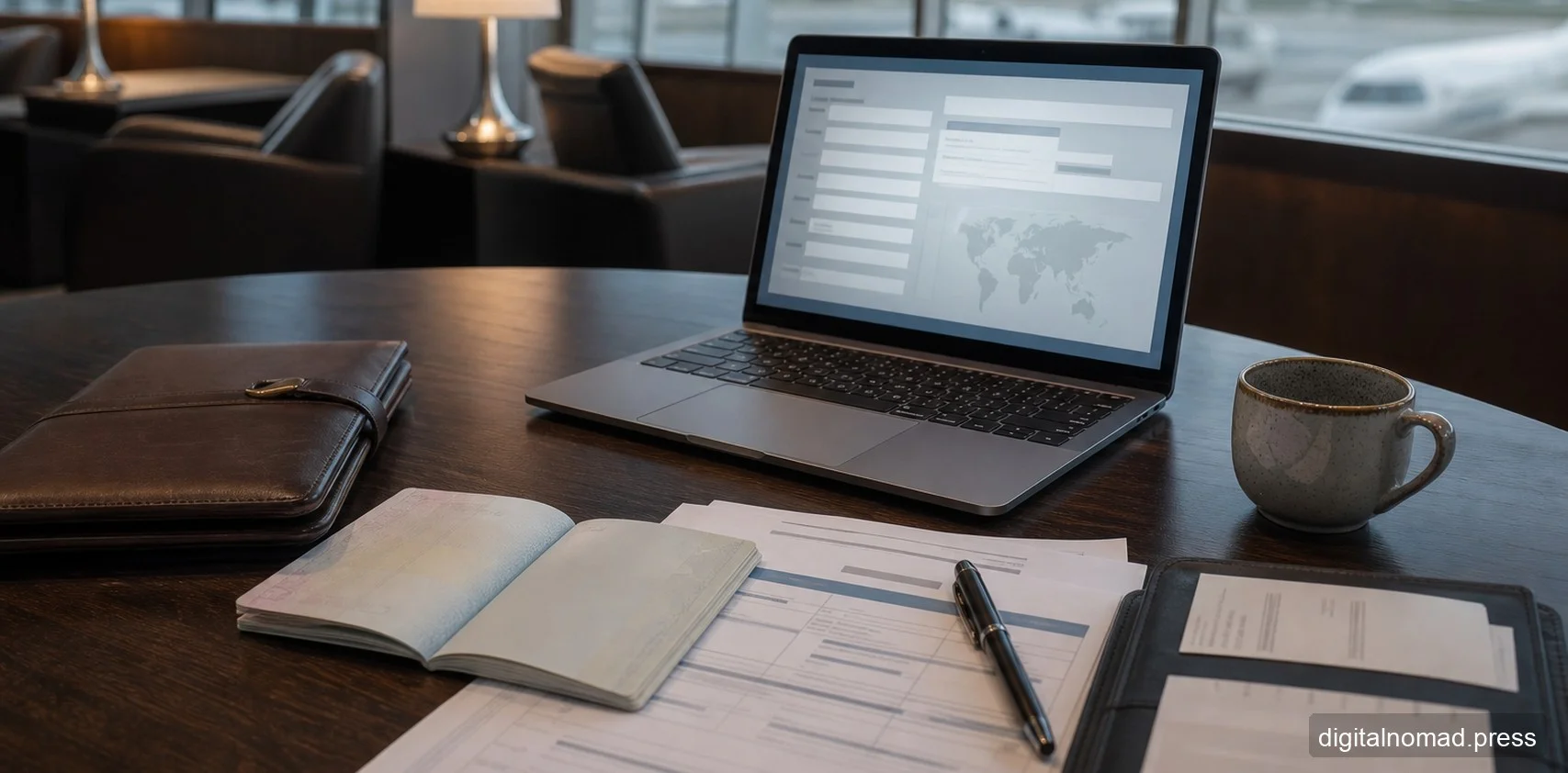 Generic passport, laptop and visa documents on an airport lounge desk for digital nomad visa planning.