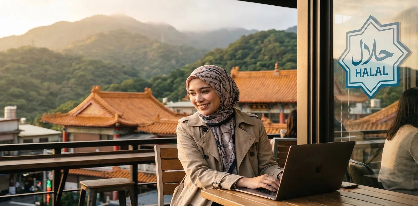 A Muslim woman in hijab working on a laptop at a cafe terrace in Taipei with temple and mountains in background