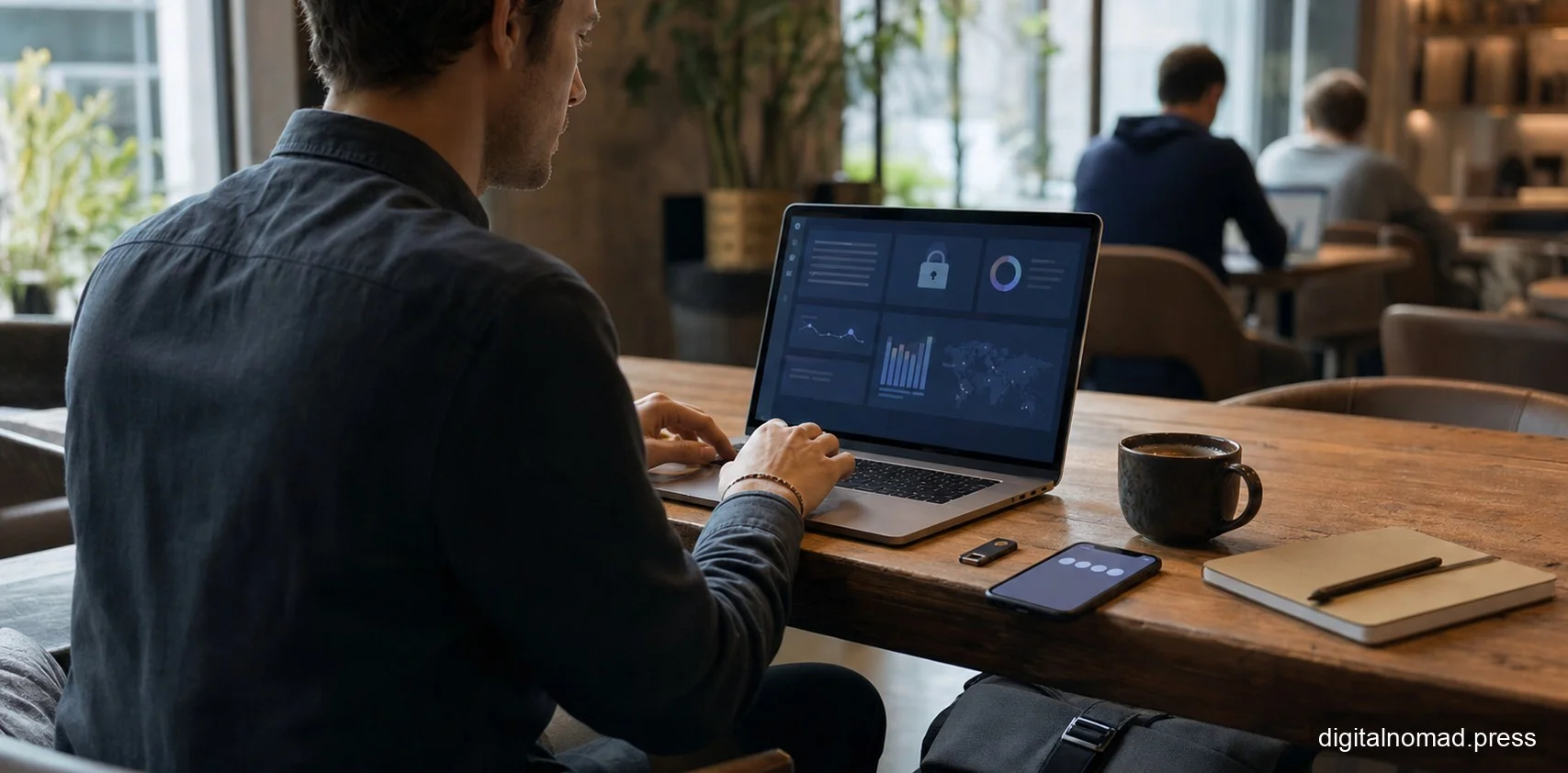 Remote worker in coworking cafe with laptop security dashboard, hardware key, phone and backpack.
